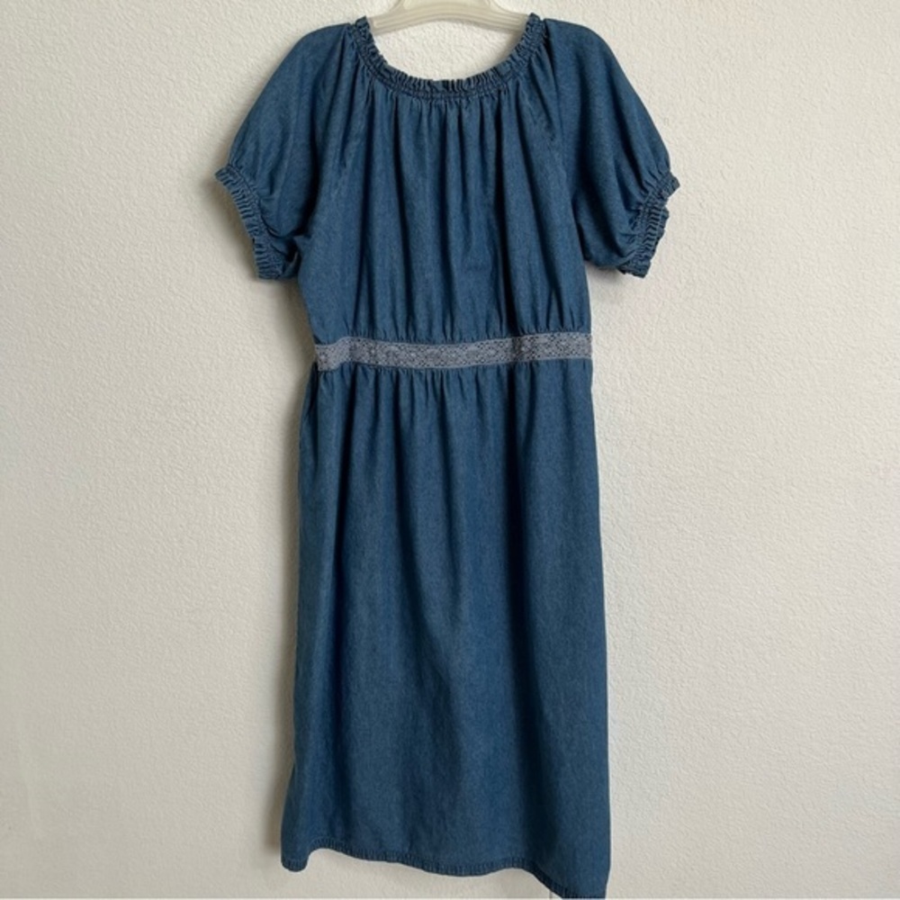 Denim 24/7 Blue Jean Maxi Dress Ruffled Collar Puffy Ruffled Short Sleeves 20W - Picture 2 of 12
